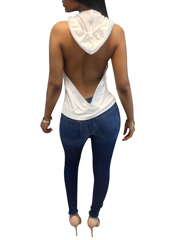 White Backless Hooded Ladies Sexy Tank Tops 