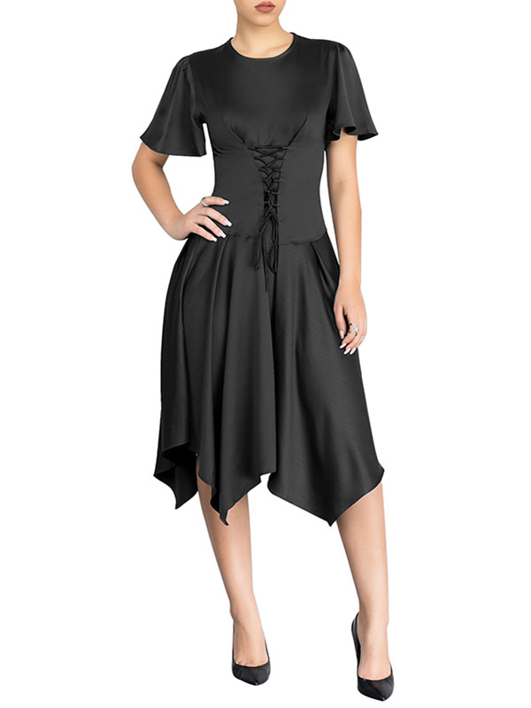 Women Black Summer Casual Flowy Irregular Midi Dress