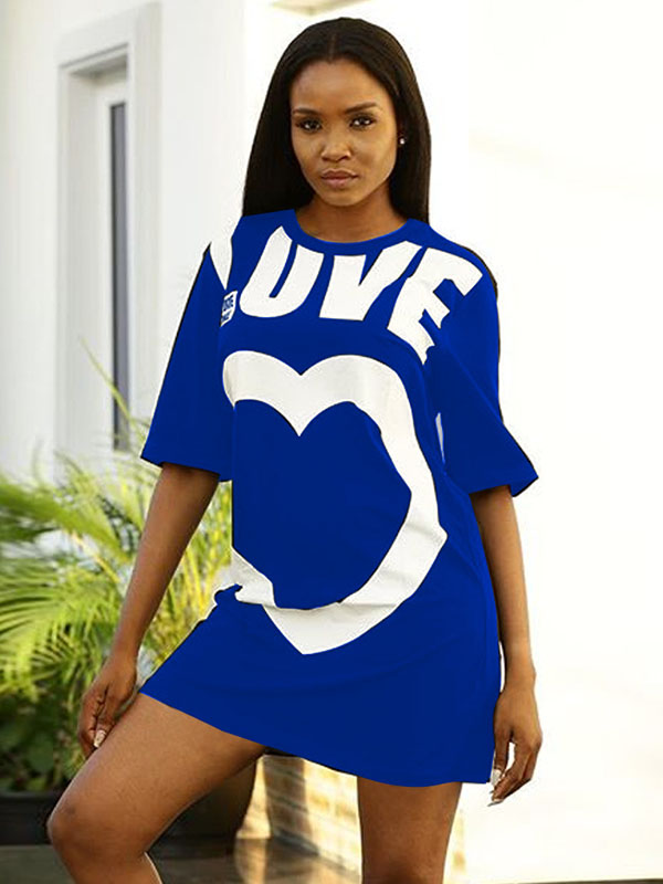 Women Casual Heart Cute Printed T-Shirt Mini Dress Blue