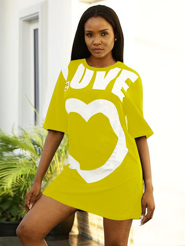 Women Casual Heart Cute Printed T-Shirt Mini Dress Yellow