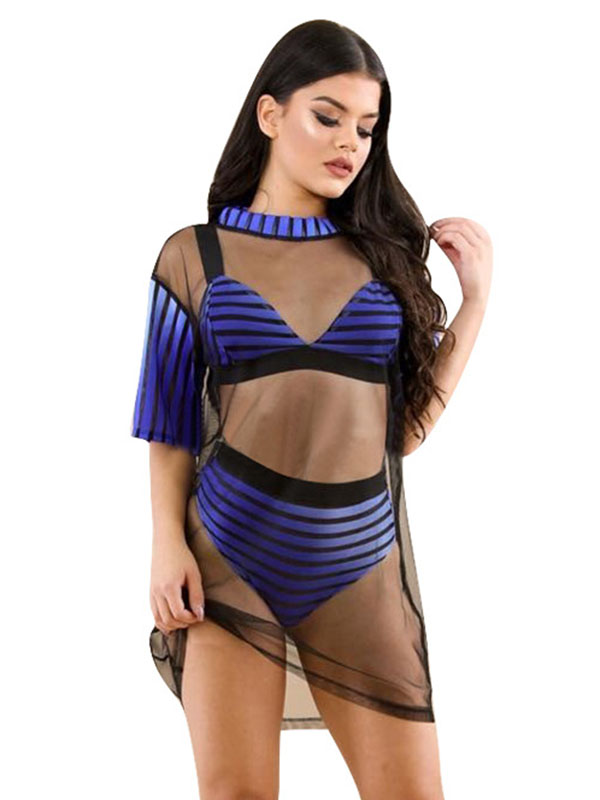 Women Sexy See-through Mesh Mini Dress Blue