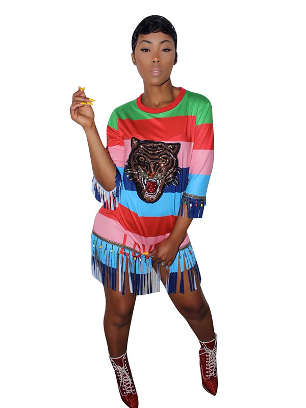 Women Summer Tiger Colorful stripes Tassel Mini Dress