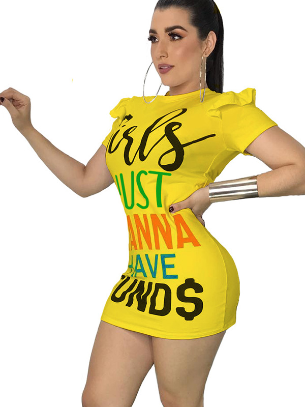 Yellow Casual Round Neck Letters Printed  Mini Dress
