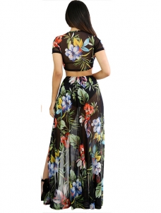 Cap Sleeve Tropical Crop Top & Flora Black l Print Maxi Skirt
