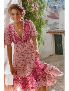 Girls V-Neck Pink Flower Print Maxi Casual Dress