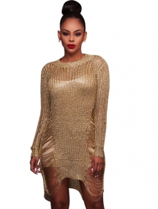 Golden Sexy Hollow Out Solid Knitted Mini Dress
