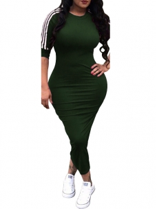 Green Sports Stripe Long Sleeve Midi Dress
