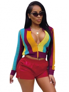 Mesh Jacket Women Fashion Rainbow Print Cardigan with Zipper