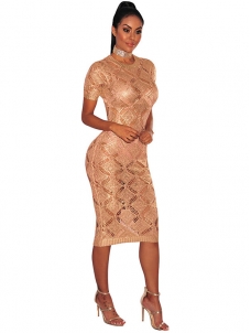 Rose Gold Hollow Out Crochet Sparkly Bodycon Dress