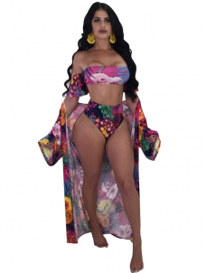 Sexy Women One Piece Flora Red Print Swimsuit with Coverup