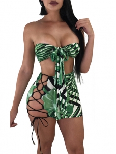 Two Piece Green Print  Dress Women Bow Tie Strapless Backless Sheath