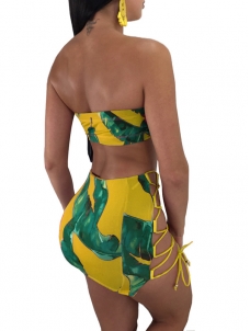 Two Piece Yellow Print  Dress Women Bow Tie Strapless Backless Sheath