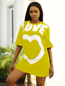 Women Casual Heart Cute Printed T-Shirt Mini Dress Yellow