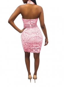 Women Pink Lace Off Shoulder Bodycon Dress