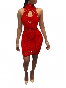 Women Red Lace Off Shoulder Bodycon Dress