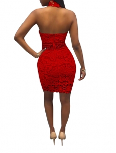 Women Red Lace Off Shoulder Bodycon Dress