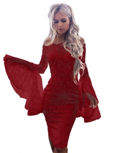 Women Red S-XL Tube Top Long Sleeve Bodycon Dresses