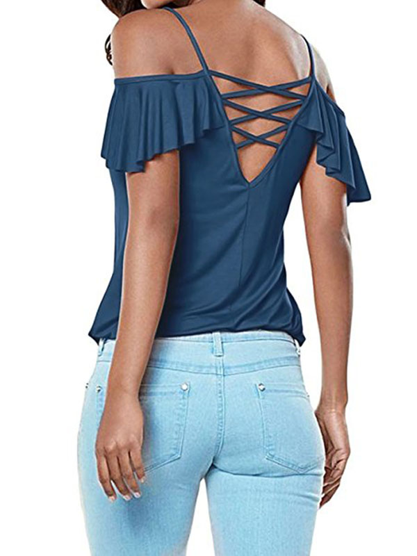 Dark Blue Womens Casual Cut Out Cold Shoulder Ruffle Shirt Tee Blouse