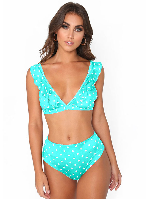 Green V-Neck Swimwear Dot Print High Waist Bikini Set 