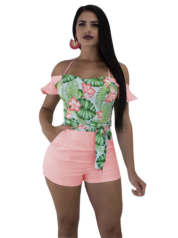 Pink Women Sexy Sleeveless Floral Bandage Hater Rompers 