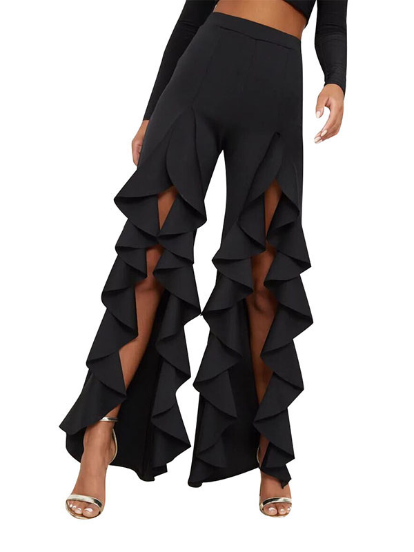 Ruffle Wide Leg Open Front Long Trousers Black