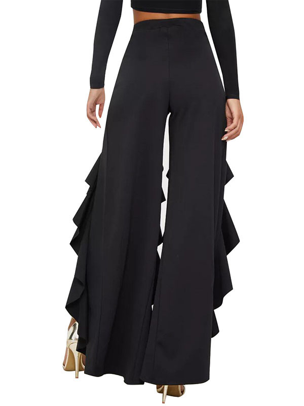 Ruffle Wide Leg Open Front Long Trousers Black