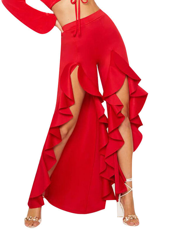 Ruffle Wide Leg Open Front Long Trousers Red