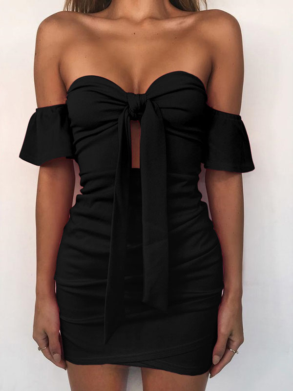 Sexy Black Off Shoulder Bowknot Short Sleeve Hip Wrapped Dress 
