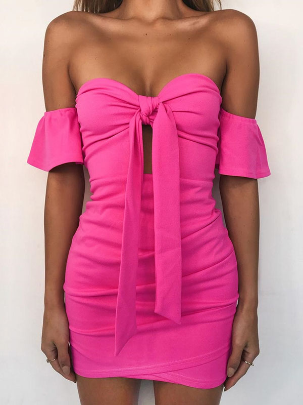 Sexy Rose Off Shoulder Bowknot Short Sleeve Hip Wrapped Dress 