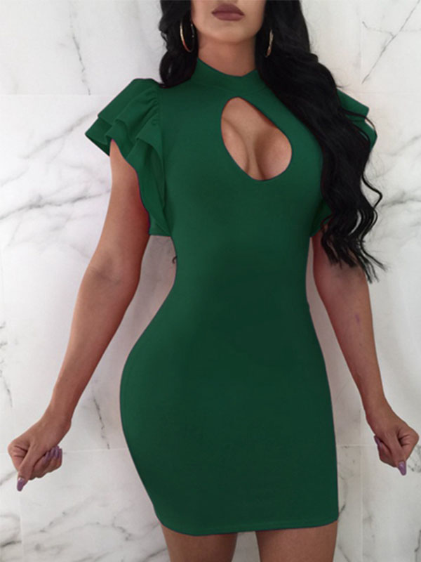 Sexy Ruffles Fitted Short Sleeve Party Dress Green