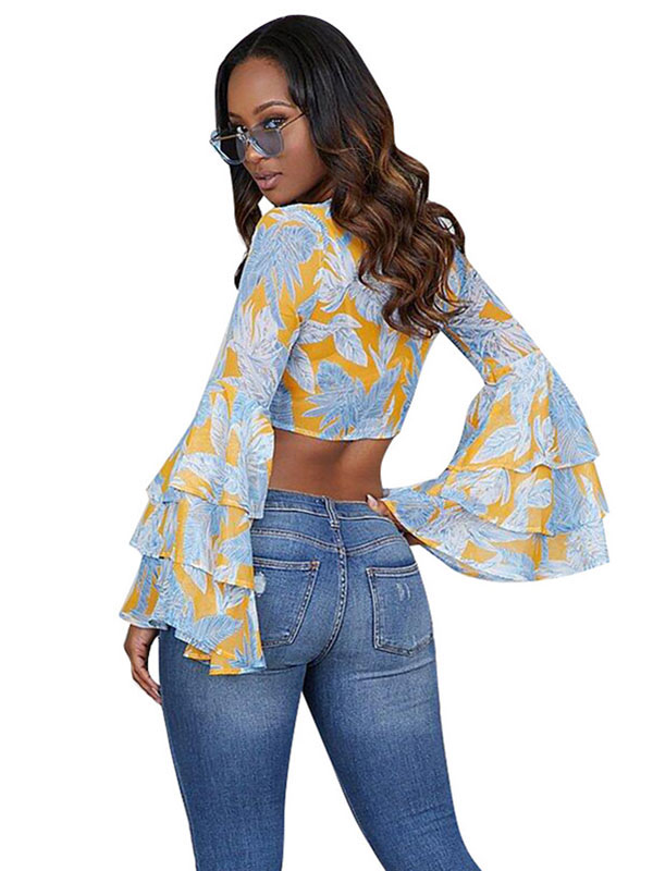 Women Chiffon V-Neck Long Sleeve Crop Tops