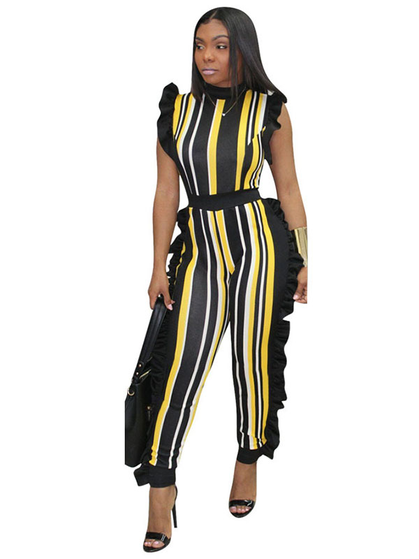 Yellow Sleeveless Ruffle Side Striped Jumpsuit Women