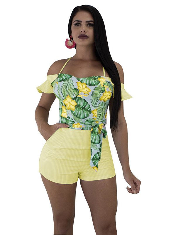 Yellow Women Sexy Sleeveless Floral Bandage Hater Rompers 