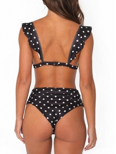 Black V-Neck Swimwear Dot Print High Waist Bikini Set 