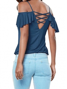 Dark Blue Womens Casual Cut Out Cold Shoulder Ruffle Shirt Tee Blouse