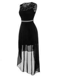 Fashion Elegant Sleeveless Floral Lace Evening Dress Black