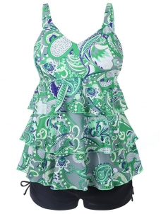 Green Women Plus Size Flounce Printed Boyshort Tankini Swimwear