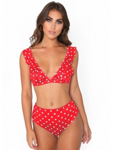 Red V-Neck Swimwear Dot Print High Waist Bikini Set 