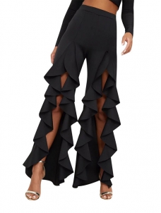 Ruffle Wide Leg Open Front Long Trousers Black