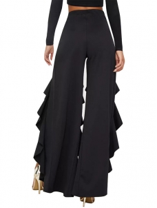 Ruffle Wide Leg Open Front Long Trousers Black