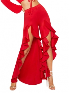 Ruffle Wide Leg Open Front Long Trousers Red