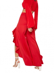 Ruffle Wide Leg Open Front Long Trousers Red