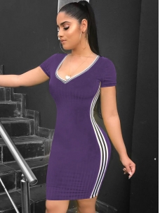 Sexy U Collar Short Sleeve Bodycon Mini Dresses Purple