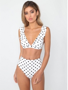 White V-Neck Swimwear Dot Print High Waist Bikini Set 