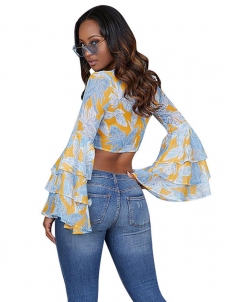 Women Chiffon V-Neck Long Sleeve Crop Tops