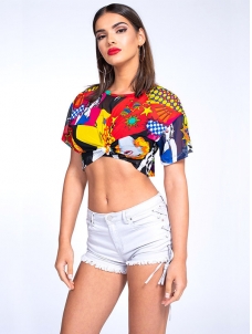 Women Colorful Mesh Character Printed Bare Midriff T-Shirt 