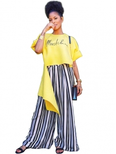 Women Irregular Roll Sleeve Letter Printed T-Shirt
