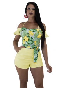 Yellow Women Sexy Sleeveless Floral Bandage Hater Rompers 