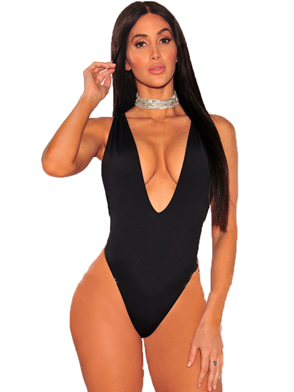 Deep V Neck One Piece Swimwear Black