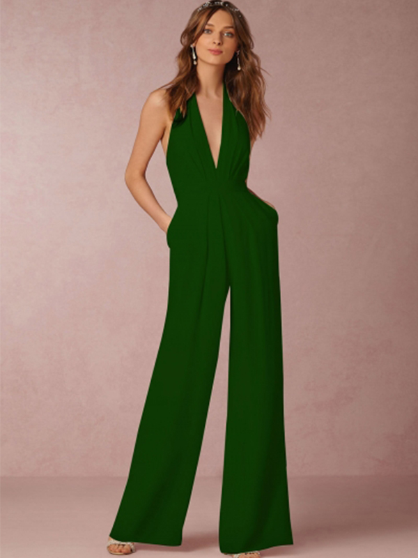 Halter V Neck Backless Wide-Leg Jumpsuit Dark Green